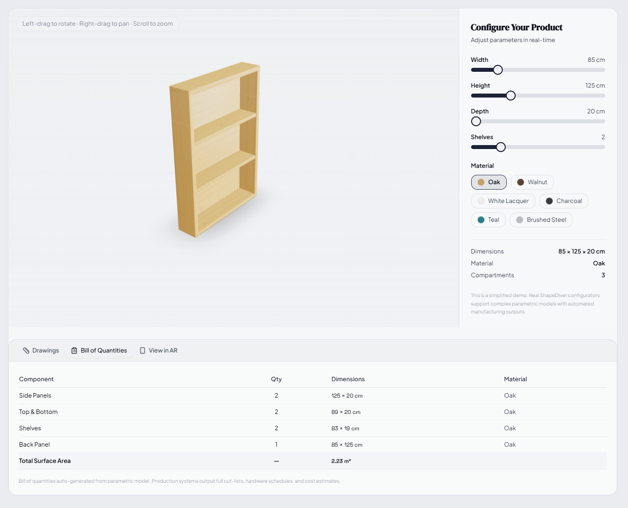 Interactive 3D product configurator demo: adjust dimensions, materials, and shelves in real-time